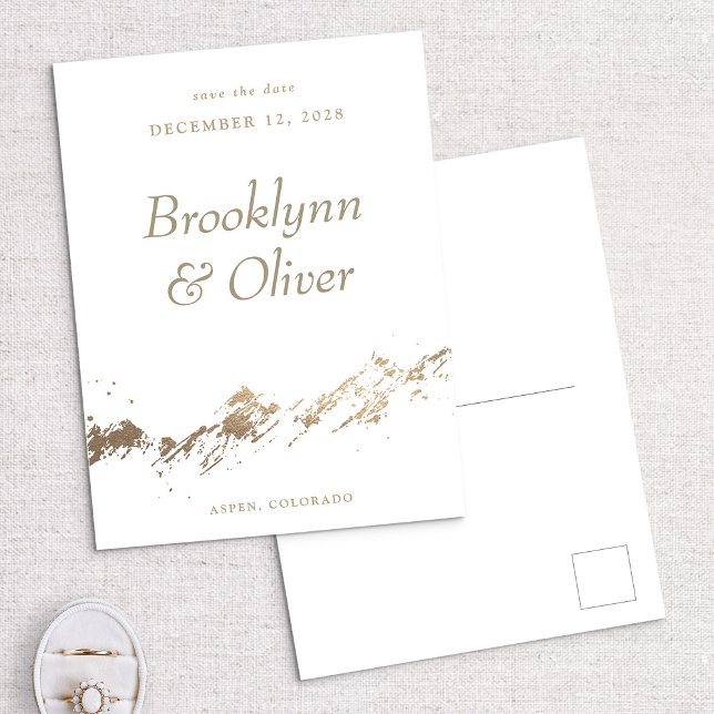 Abstract Mountains White & Gold Save the Date Announcement Postcard (Creator Uploaded)