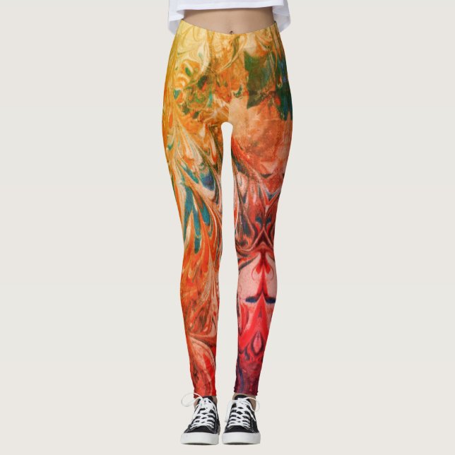 Abstract Multi-coloured Marble Swirls Pattern Leggings (Front)