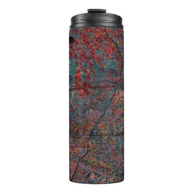 Abstract multicolor grunge background with abstrac thermal tumbler (Front)