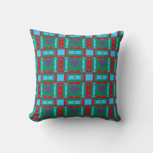 Abstract Multicolored Pattern with Blue Hearts Throw Pillow