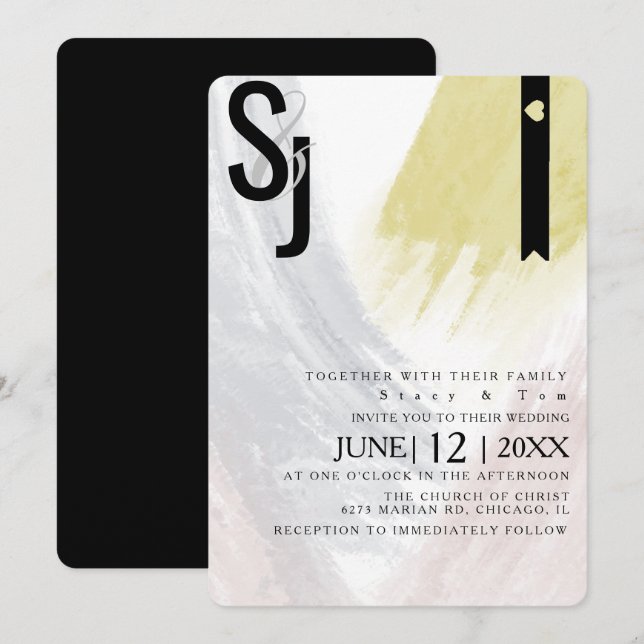 Abstract Mustard Blush Brush Strokes Wedding Suite Invitation (Front/Back)