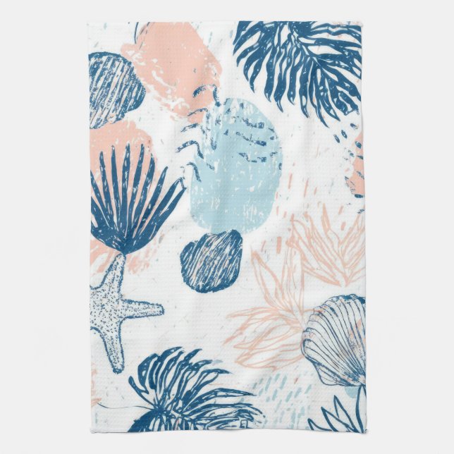Abstract Nautical Beach Blue Peach Distressed (1) Kitchen Towel (Vertical)