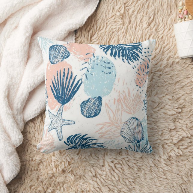 Abstract Nautical Beach Blue Peach Distressed (1) Throw Pillow (Blanket)