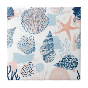 Abstract Nautical Beach Blue Peach Distressed (2) Tile