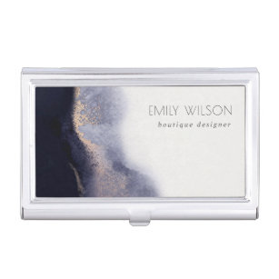 Abstract Navy Black Gold Foil Watercolor Wash Business Card Holder