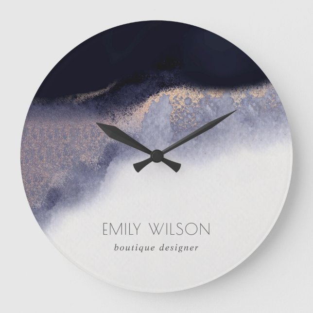 Abstract Navy Black Gold Foil Watercolor Wash Large Clock (Front)