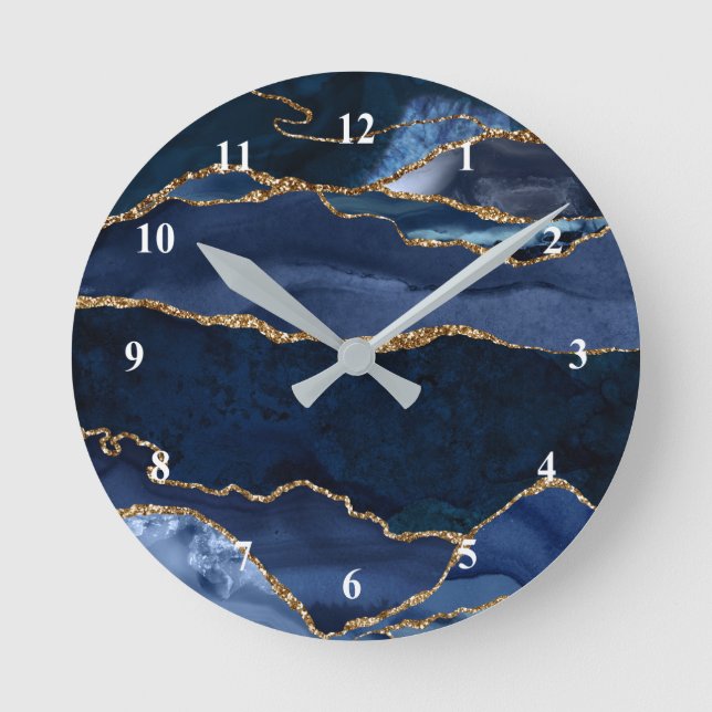 Abstract Navy Blue Agate Watercolor Round Clock (Front)