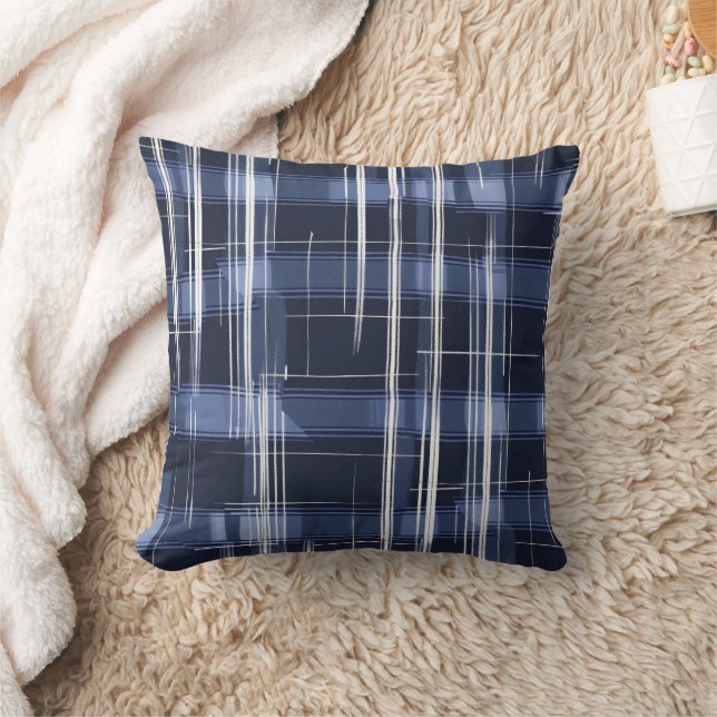 Abstract Navy Blue Plaid Chequered Pattern Horizon Throw Pillow (Blanket)