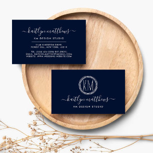 Abstract Navy Blue & White Circles Monongram Business Card