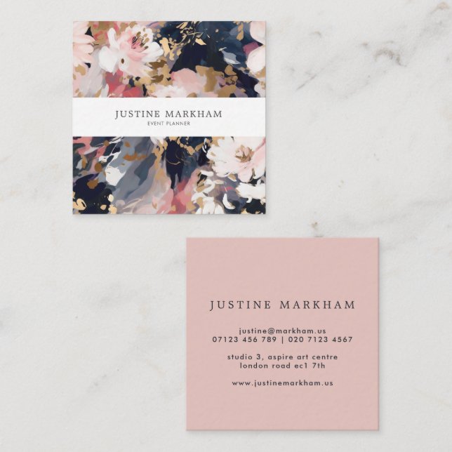 Abstract Navy & Blush Painted Floral Square Square Business Card (Front/Back)