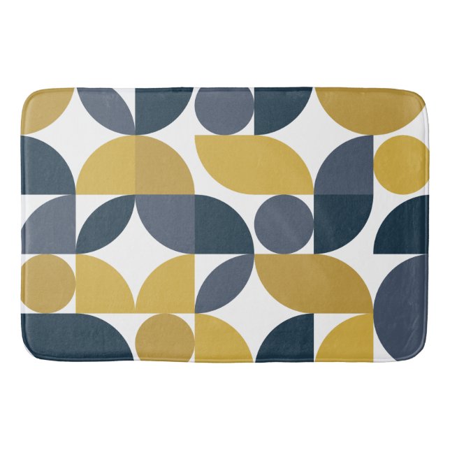 Abstract Navy Mustard Geometric Pattern Bath Mat (Front)