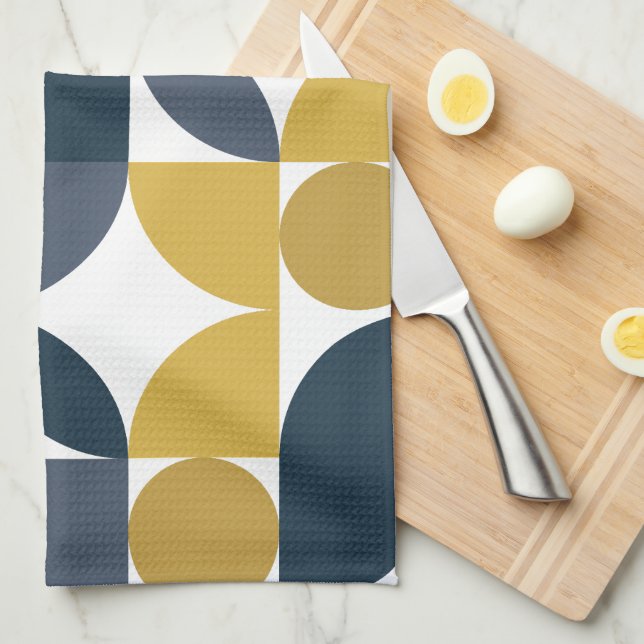Abstract Navy Mustard Geometric Pattern Kitchen Towel (Quarter Fold)