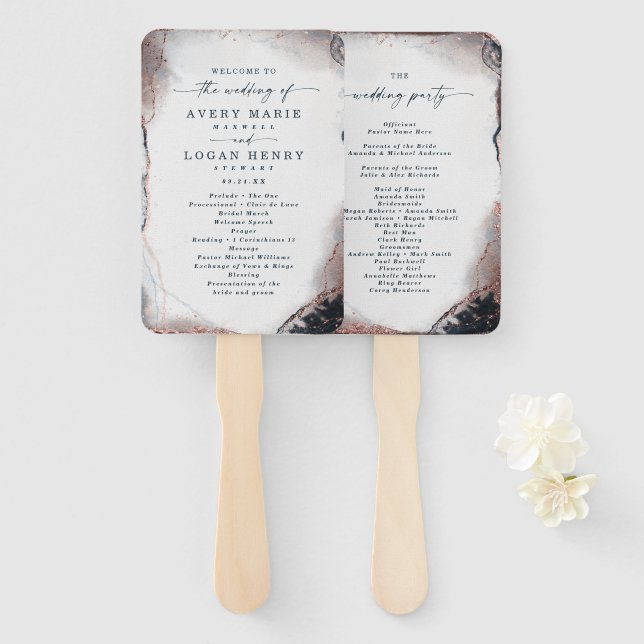 Abstract Navy & Rose Gold Wedding Ceremony Program Hand Fan (Front and Back)