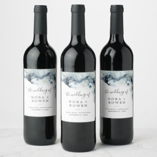 Abstract Navy Watercolor Wedding Wine Label