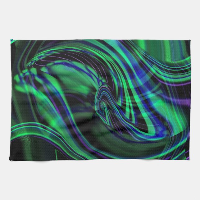 Abstract Neon Aqua N Blue Waves Kitchen Towel (Horizontal)