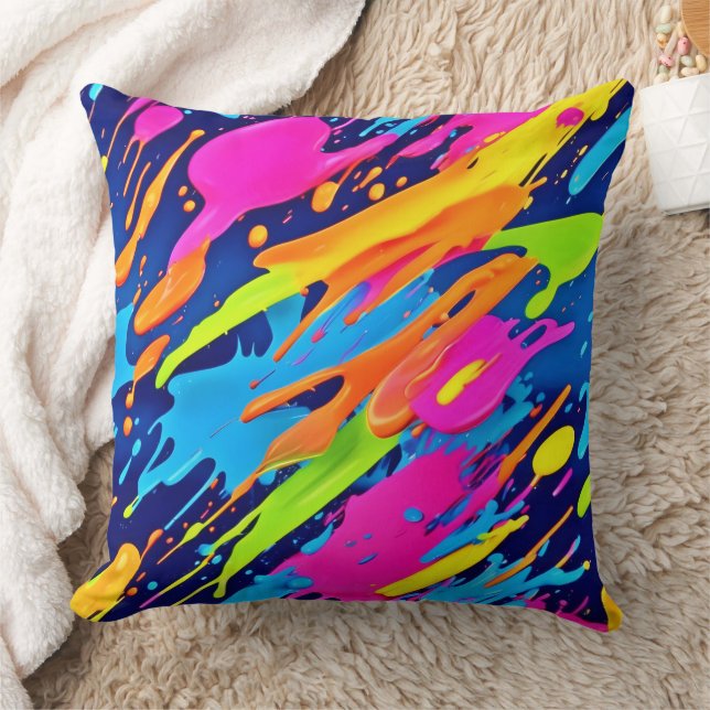 Abstract Neon Brushstrokes Splash Art Throw Pillow (Blanket)