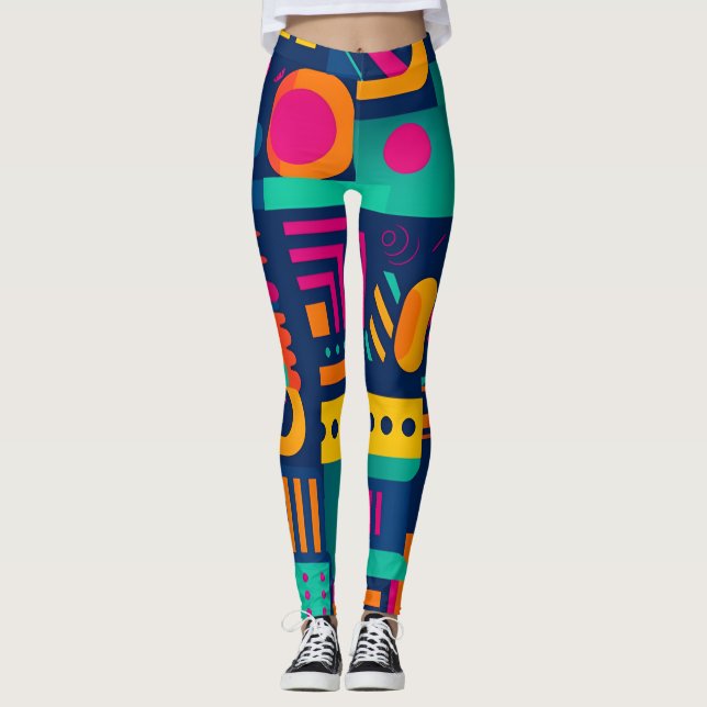 Abstract neon colours and geometric bohemian shape leggings (Front)