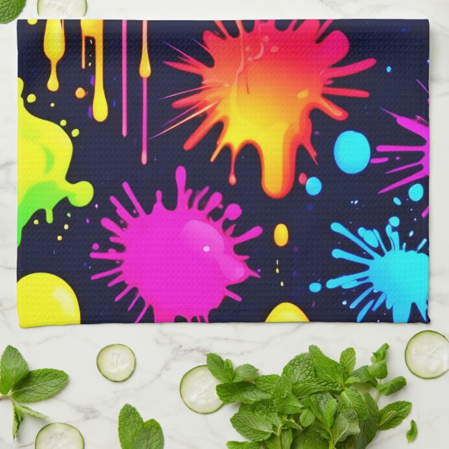 Abstract Neon Paint Drip Artwork Kitchen Towel (Folded)