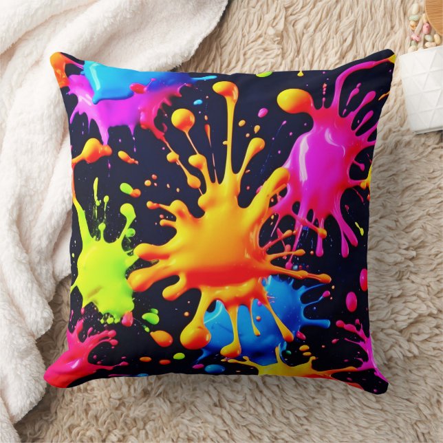 Abstract Neon Paint Splash Artwork Throw Pillow (Blanket)