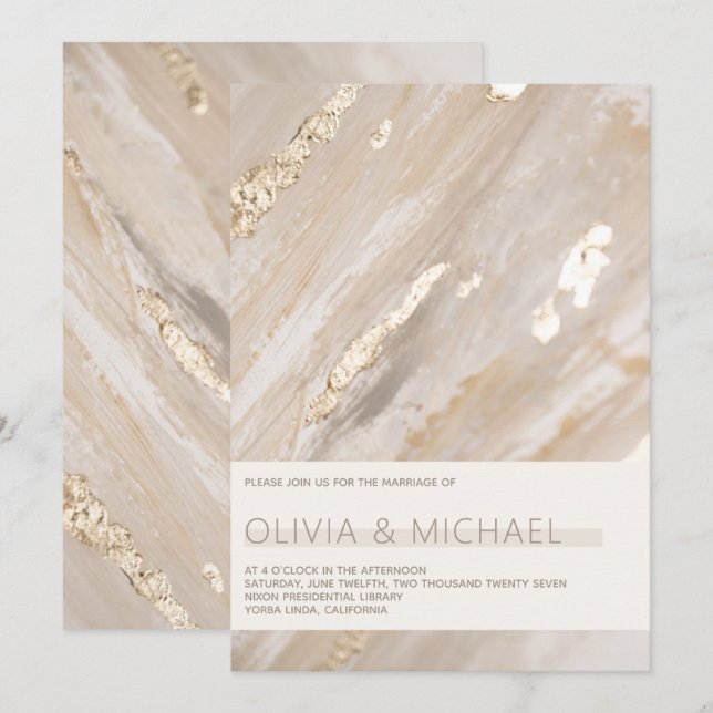 Abstract Neutral Painterly Champagne Gold Modern Invitation (Front/Back)