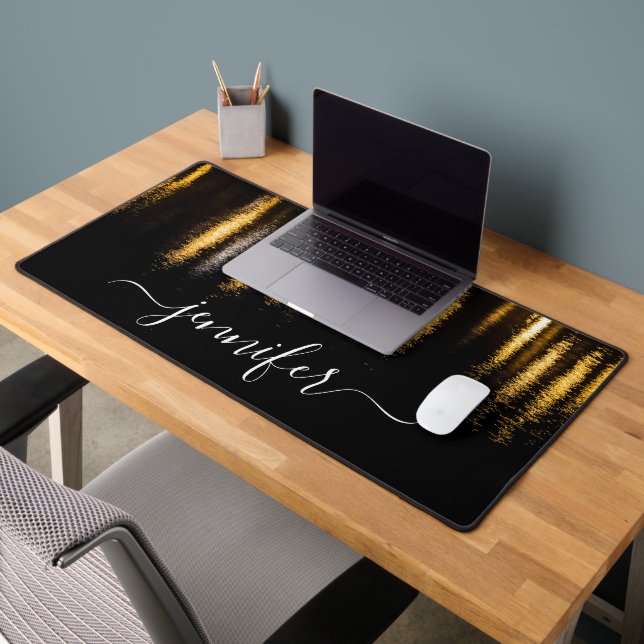 Abstract night lights sea gold black Custom Name Desk Mat (Office 2)