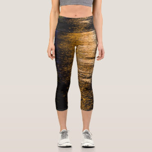 Abstract night lights sea shiny bronze reflection capri leggings