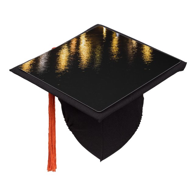 Abstract night lights sea shiny gold black graduation cap topper (Angled)