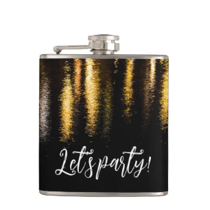Abstract night lights sea shiny gold black Party Hip Flask