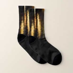 Abstract night lights sea shiny gold black socks