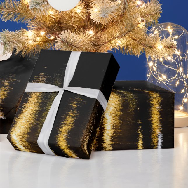 Abstract night lights sea shiny gold black wrapping paper (Holidays)