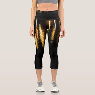 Abstract night lights sea shiny gold reflection capri leggings