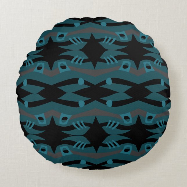 Abstract Noah's Ark Black Teal Grey Round Pillow (Front)