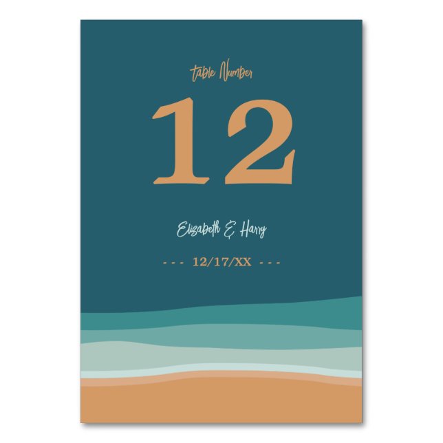 Abstract Ocean Beach Wedding Table Number (Front)