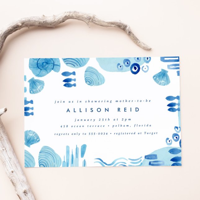 Abstract Ocean Blue Seashell Sea Boy Baby Shower Invitation (Creator Uploaded)