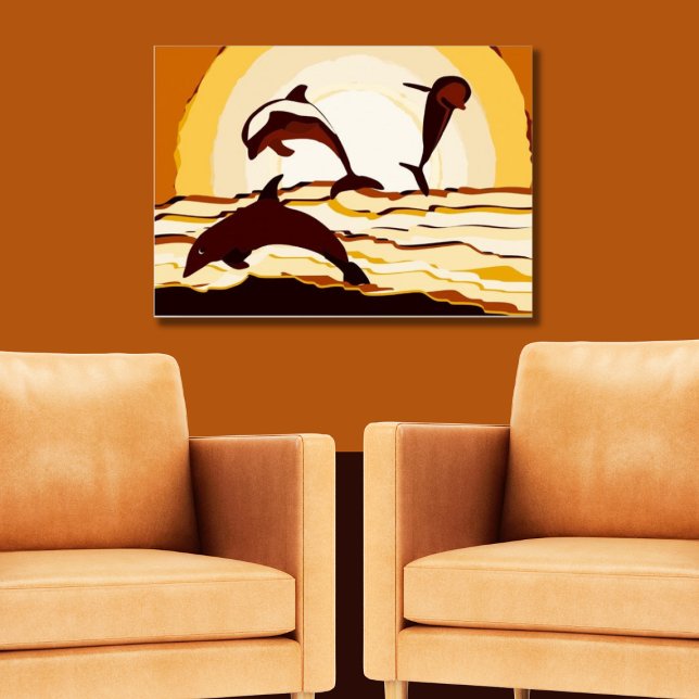 Abstract Ocean Jumping Dolphins At Sunset Poster (Three Jumping Dolphins at Sunset Poster)
