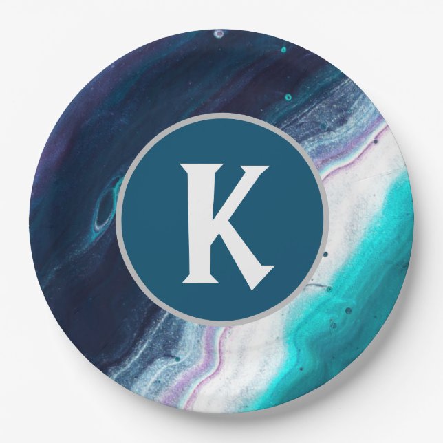 Abstract Ocean Monogram Paper Plate (Front)