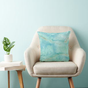 Abstract Ocean Watercolor Blue and Gold Throw Pillow