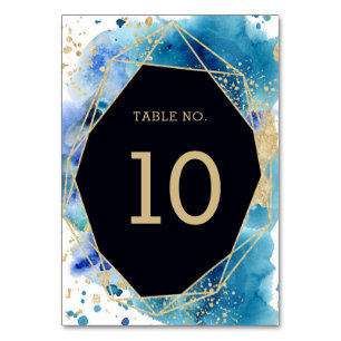 Abstract Ocean Watercolor Blue and Gold Wedding Table Number