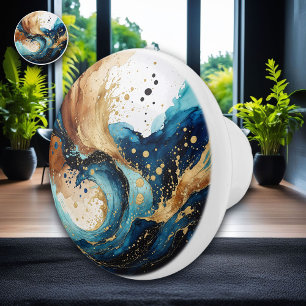 Abstract Ocean Watercolor – Earthy Blues and Gold Ceramic Knob