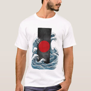 Abstract Ocean Wave and Red Circle Art T-Shirt