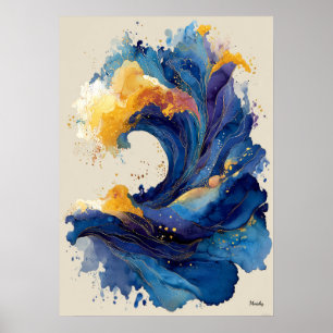 Abstract Ocean Wave Liquid Art Blue Gold Fluid  Poster