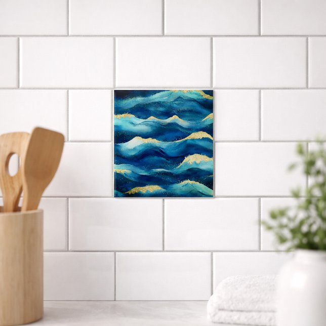 Abstract Ocean Waves Blue and Gold Watercolor  Tile (Creator Uploaded)