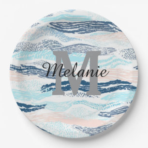 Abstract Ocean Waves Blue Pink Textured Pattern Paper Plate