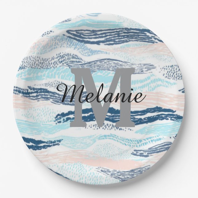 Abstract Ocean Waves Blue Pink Textured Pattern Paper Plate (Front)