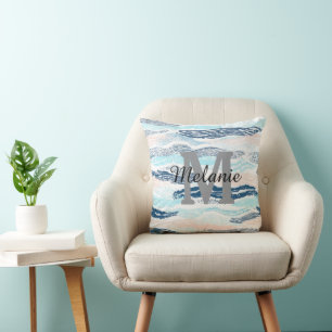 Abstract Ocean Waves Blue Pink Textured Pattern Throw Pillow