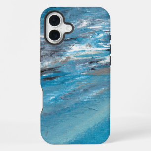 Abstract Ocean Waves in Blue and Grey Brushstrokes iPhone 16 Plus Case