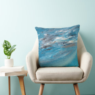 Abstract Ocean Waves in Blue and Grey Brushstrokes Throw Pillow