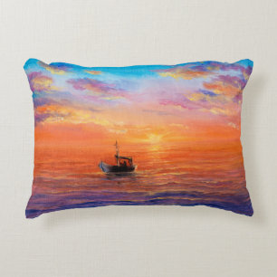 abstract oil painting of fishing boat and sea on accent pillow