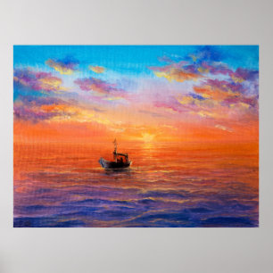 abstract oil painting of fishing boat  and sea on poster