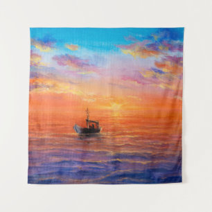  abstract oil painting of fishing boat  and sea on tapestry